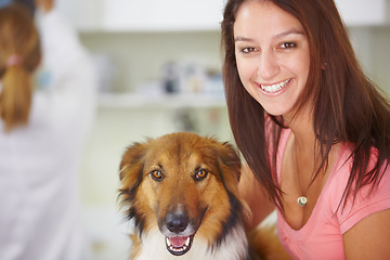 Image showing Vet portrait, dog and happy woman, owner or client for medical help, wellness healing services or animal healthcare support. Patient, veterinary or hospital customer smile for pet canine consultation