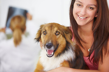 Image showing Veterinary portrait, dog and happy woman, owner or client for medical help, healing services or animal nursing, support or healthcare. Patient, vet and smile for pet canine consultation, test or exam