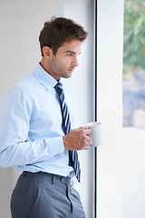 Image showing Businessman, drinking coffee and exhausted at work, window and burnout at office, depressed and stress. Male person, reflection and thinking on career, tired and overworked or mental health issues