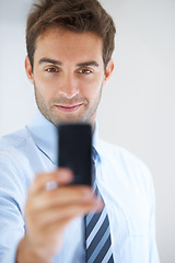 Image showing Businessman, selfie and photography at office for memory, social media or online vlog. Portrait of handsome man, employee or app for photograph, picture or status update in business at workplace