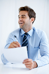 Image showing Business man, documents and contract in happy meeting, job interview or recruitment with human resources manager. Professional employer laugh and talking with documents, resume or CV in hiring career