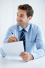 Image showing Business man, thinking and writing on paperwork for financial report, audit review and asset management in office. Auditor, accountant or mature person with policy, contract signature or documents