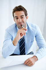 Image showing Business man, thinking and documents for planning, human resources decision or solution and ideas in office. Professional manager or employer with CV, resume or job application with career strategy