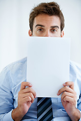 Image showing Portrait, business and man with paper, blank and promotion with mockup space, employee or agent. Face, person or worker with billboard sign, professional or corporate with entrepreneur or opportunity