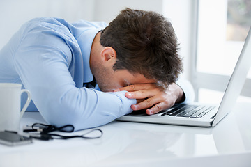 Image showing Businessman, sleeping and tired at work, burnout and exhausted or mental health, desk and overwhelmed. Male person, dreaming and lazy in office, resting and fatigue or low energy, coffee and nap