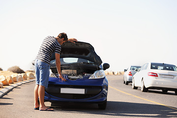 Image showing Breakdown, stress and man with car on road with engine problem, mechanic issue and transport crisis in city. Travel, street and frustrated person for auto repair, motor service or roadside assistance