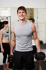 Image showing Portrait, smile and man with fitness, weights and training with progress, challenge and funny. Person, athlete and guy with gym equipment, workout and health with wellness, exercise and bodybuilding