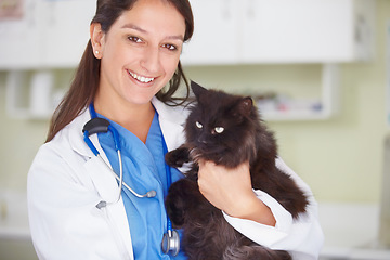 Image showing Vet clinic portrait, cat and happy woman for medical help, wellness healing services or healthcare support. Happiness, veterinary job experience or hospital veterinarian smile for feline checkup