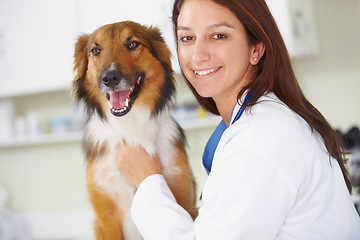 Image showing Vet clinic portrait, dog and happy woman for medical help, wellness healing services or animal healthcare support. Happiness, veterinary job experience and hospital veterinarian smile for pet K9 exam