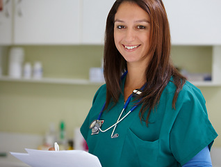 Image showing Veterinary portrait, clinic documents and happy woman with test results, assessment notes or animal healthcare nursing info. Pet service, job experience or veterinarian smile for vet feedback support