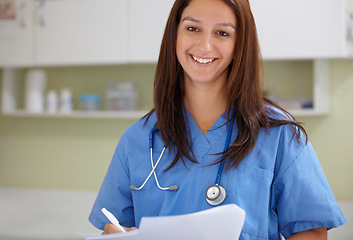 Image showing Surgeon portrait, clinic documents or happy woman with test results, assessment note or medical healthcare nursing info. Wellness service, job experience or doctor smile for hospital feedback support