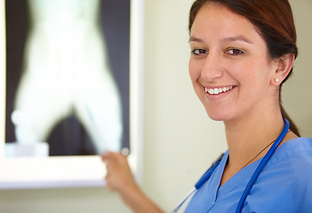 Image showing Happy woman, portrait and veterinarian nurse with xray of animal for examination, tests or diagnosis on injury at vet. Female person, doctor or medical pet professional with CT scan or MRI at clinic