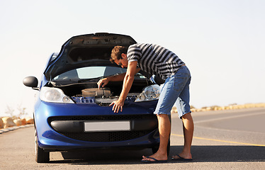 Image showing Broken, stress and man with car on road with engine problem, mechanic issue and transport crisis in city. Travel, street and frustrated person for auto repair, motor service and roadside assistance