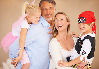 Image showing Father, son or portrait for halloween with happy family, bonding or happiness in childhood. Man, boy and face with smile for event with fairy and pirate costumes, love and party celebration in house