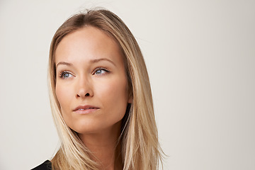 Image showing Woman, thinking and studio white background for idea thoughts, decision or planning. Female person, model and mockup space for contemplating solution for problem solving, brainstorming or question