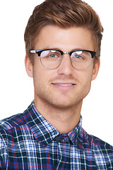 Image showing Man, portrait and smile in studio with vision or glasses for marketing or advertising designer eyewear. Person, face or optometry with eye care or prescription eyeglasses on white background or happy