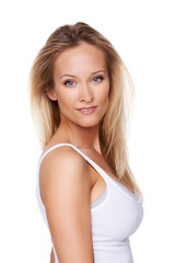 Image showing Portrait, beauty and skin care with a woman in studio for glow, shine and flawless look. Face of a young female model person on a white background with confidence, dermatology and cosmetics or makeup