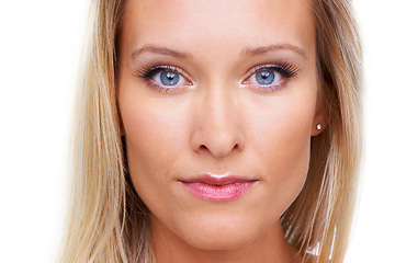Image showing Beauty, portrait and skin care with a woman in studio for glow, shine and flawless look. face of a young female model person on a white background with confidence, dermatology and cosmetics or makeup