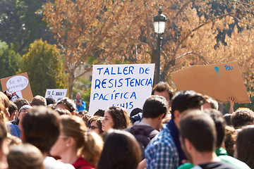 Image showing Human rights, protest and crowd with poster for freedom, peace and students in Spain for justice. College, campus and group of people with power for action and sign to fight for change in education