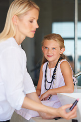 Image showing Mother, child and smile for beauty, makeup and support in bathroom, lipstick and fun at home. Mom, daughter and learning or play, cosmetics and skincare or bonding, love and teaching or grooming