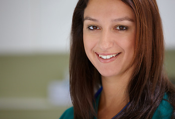 Image showing Portrait, healthcare and smile with a woman vet in an animal hospital for pet insurance you can trust. Face, medical and happy young medicine professional closeup in a veterinary clinic for medicare