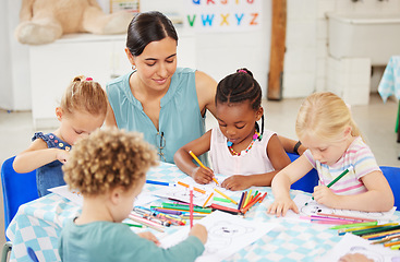 Image showing Help, teacher and woman with education, students and ideas with conversation, lessons and teaching. Person, educator and children writing, knowledge and kids in a classroom with answers and learning