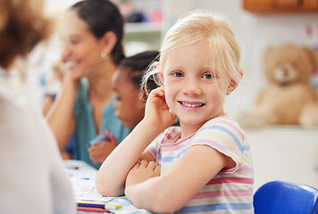 Image showing Portrait, happy kid or little girl with for learning in kindergarten, daycare or classroom with friends. Youth, looking and smile for growth, future or milestone with education in child development