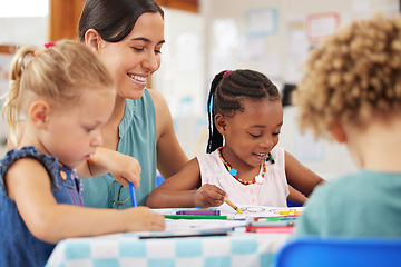 Image showing Happy, teacher and woman with education, students and ideas with kindergarten, lessons or teaching. Person, educator or children writing, knowledge or kids in a classroom with help, smile or learning