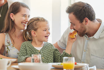 Image showing Breakfast, family and eating with parents, mother and happy kid together in a home. Love, support and care on a dining room with a smile and food with bonding in the morning with waffle in a house