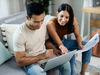 Image showing Happy couple, laptop and documents in budget planning, finance or expenses and bills on sofa at home. Man and woman with paperwork on computer in living room for financial plan or insurance at house