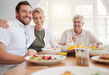 Image showing Breakfast, family and portrait with senior woman, mother and happy together in a home. Love, support and care on a dining room with a smile and food with bonding in the morning with fruit in a house
