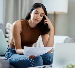 Image showing Frustrated woman, documents and headache for debt, stress or mistake in burnout on living room sofa at home. Female person with paperwork or migraine in anxiety for financial crisis or bills at house