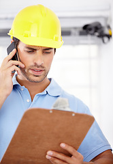 Image showing Technician, stress and phone call for security camera, checklist and CCTV installation or problem solving. Confused engineer or man, reading clipboard and surveillance information for mobile support