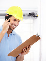 Image showing Technician, happy and phone call for security camera, checklist and CCTV installation or services in home. Man or contractor reading clipboard for surveillance information, solution or mobile support