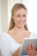 Image showing Mature woman, tablet and smiling in home, happy face and living room couch. Social media, technology and communication for scrolling, vision and online with connection, streaming and digital