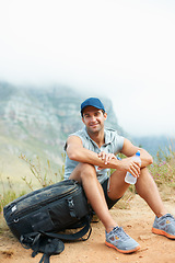 Image showing Break, man or portrait in nature hiking with water, backpack or drink in workout, training or exercise mockup. Happy, smile or relax person on mountains trail health, wellness or summer sports rest