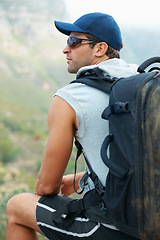 Image showing Fitness, rest and thinking of nature hiking with backpack for workout, training or exercise in relax freedom break. View, man or planning mountains hike for health, wellness and summer Brazil sports