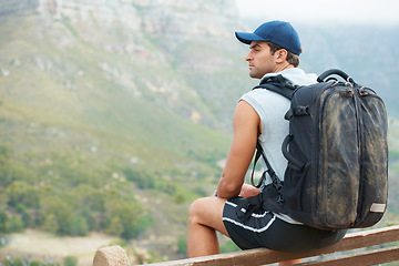 Image showing Thinking, man or rest in nature hiking with backpack for workout, training or exercise view. Hiker, person or planning on relax mountains for health, wellness or sports vision for Brazil summer break