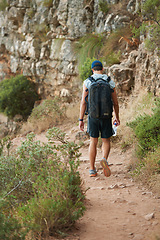 Image showing Fitness, back or person hiking in nature with water, backpack or energy drink for workout, training or exercise freedom. Man, Brazil or walking on mountains path for health, wellness or summer sports
