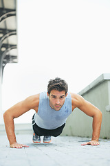 Image showing Man, portrait and push ups in fitness for exercise, workout or outdoor training on floor. Muscular male person or athlete lifting body weight for strength, muscle or endurance in health and wellness