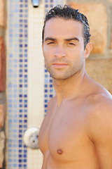 Image showing Health, portrait and man at an outdoor shower for clean body, wellness or self care on vacation. Smile, handsome and handsome young male person from Canada in water for routine on holiday or trip.