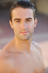 Image showing Body, portrait or man for water swimming, surfing or sports in Brazilian nature or beach for relax summer break. Serious face, athlete or wet person shirtless for training, exercise or surfer fitness