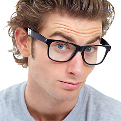 Image showing Man, portrait and glasses for curious, confused and doubt face expression by white background in studio. Closeup, nerd and questions for vision, optometry and fashion frame choice for eyes solution