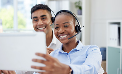 Image showing Call center, tablet or business people selfie in office for contact us, customer support or consulting service. Telemarketing, app or lead generation consultant team with social media profile picture