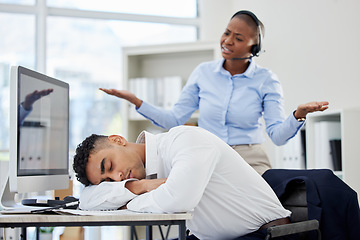 Image showing Call centre, angry and man, tired or sleeping for fatigue in with manager, what or gesture for rest by desk. Diverse, woman agent or question in confused, face or wtf for employee by computer