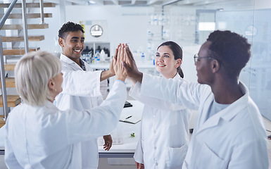 Image showing Science, high five and team with success in laboratory for celebration, support or motivation. Teamwork, medical research and scientist huddle for collaboration, happiness and group of doctors in lab