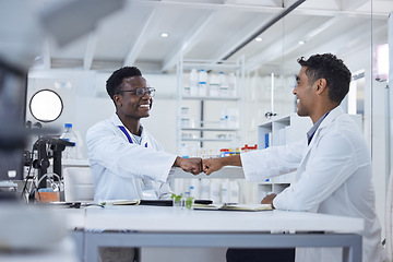 Image showing Smile, fist bump and men in laboratory for celebration, deal success or onboarding welcome. Teamwork, medical research and scientist in partnership, collaboration or introduction for happy doctors.