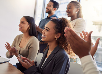 Image showing Happy business woman, team and applause in meeting, tradeshow or achievement of success, award or feedback in seminar. Diversity, employees or clapping to celebrate presentation, conference or praise