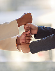 Image showing Fist, business people and hands stack for teamwork, support and winning collaboration in office. Closeup, employees and building partnership together for solidarity, motivation and celebrate success