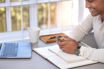 Image showing Man, smile and typing on phone, student and social media or online research, networking and tech. Male person, connection and browsing on smartphone, internet and mobile app or website in home office